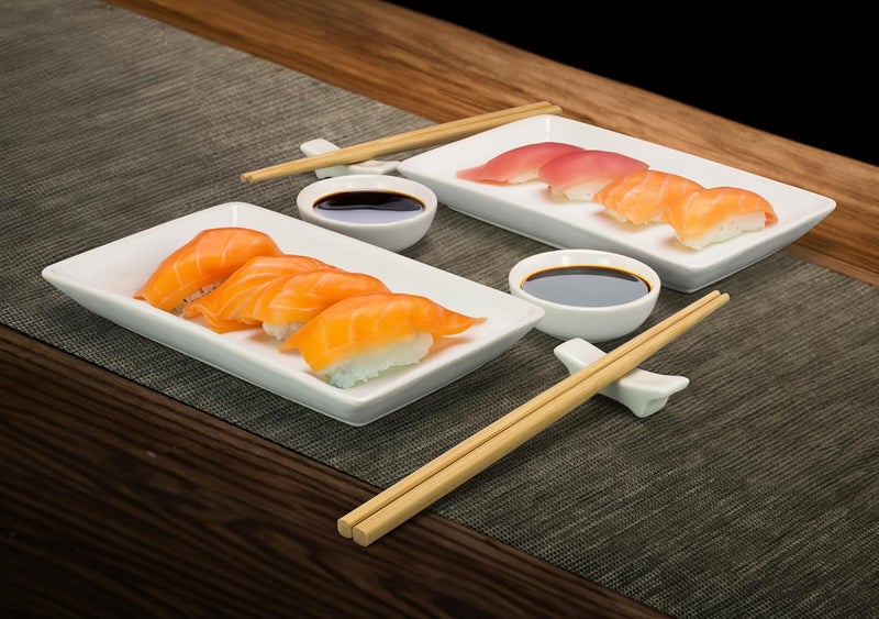 ZENVY Ceramic Sushi Plate Set - 8 Piece Japanese Style Dinnerware Set with 2 Rectangular Plates, 2 Dipping Dishes, 2 Pairs of Chopsticks & Stands - Image 3